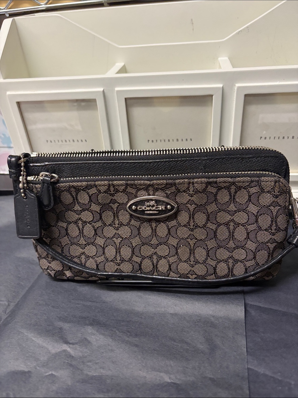 Coach Brown Signature Canvas Double Zip Wristlet with Black Trim
